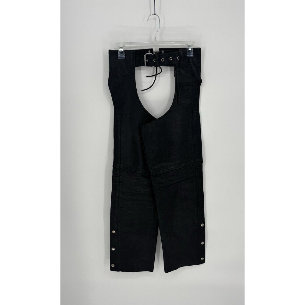 Vtg SHAF Leather Chaps Black Cutout Buckle Waist Snap Leg Pants XXS Punk Moto